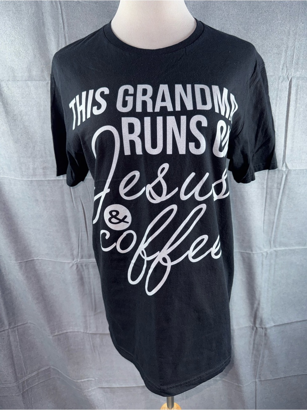 2569-Gildan Black Tee with White "This Grandma Runs on Jesus & Coffee" Graphic